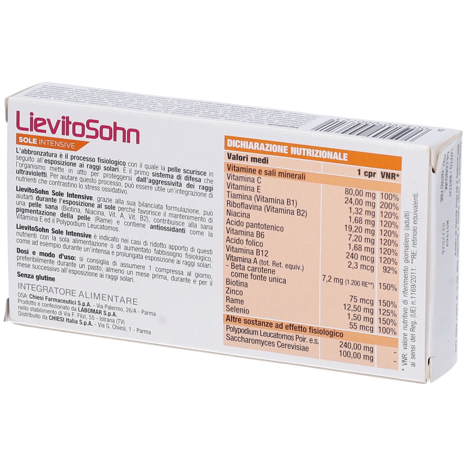 Retro della scatola 'LievitoSohn Sole Intensive'. Contiene informazioni nutrizionali. Marchio Chiesi.