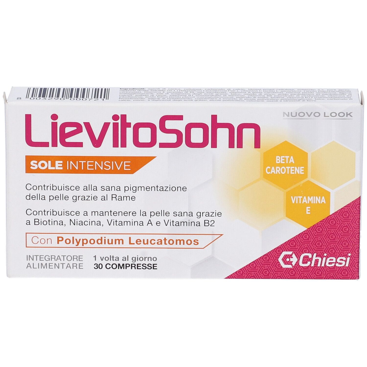 Scatola 'LievitoSohn Sole Intensive' con 30 compresse. Contiene beta-carotene e vitamina E. Marchio Chiesi.