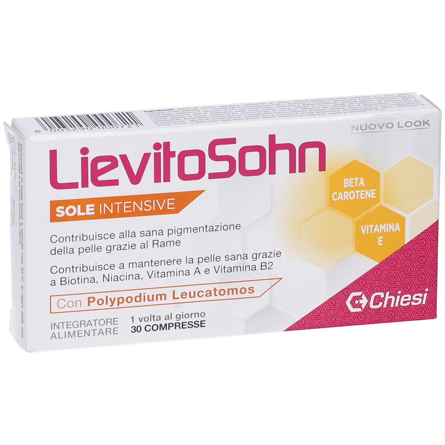 Scatola 'LievitoSohn Sole Intensive' con 30 compresse. Contiene beta-carotene e vitamina E. Marchio Chiesi.