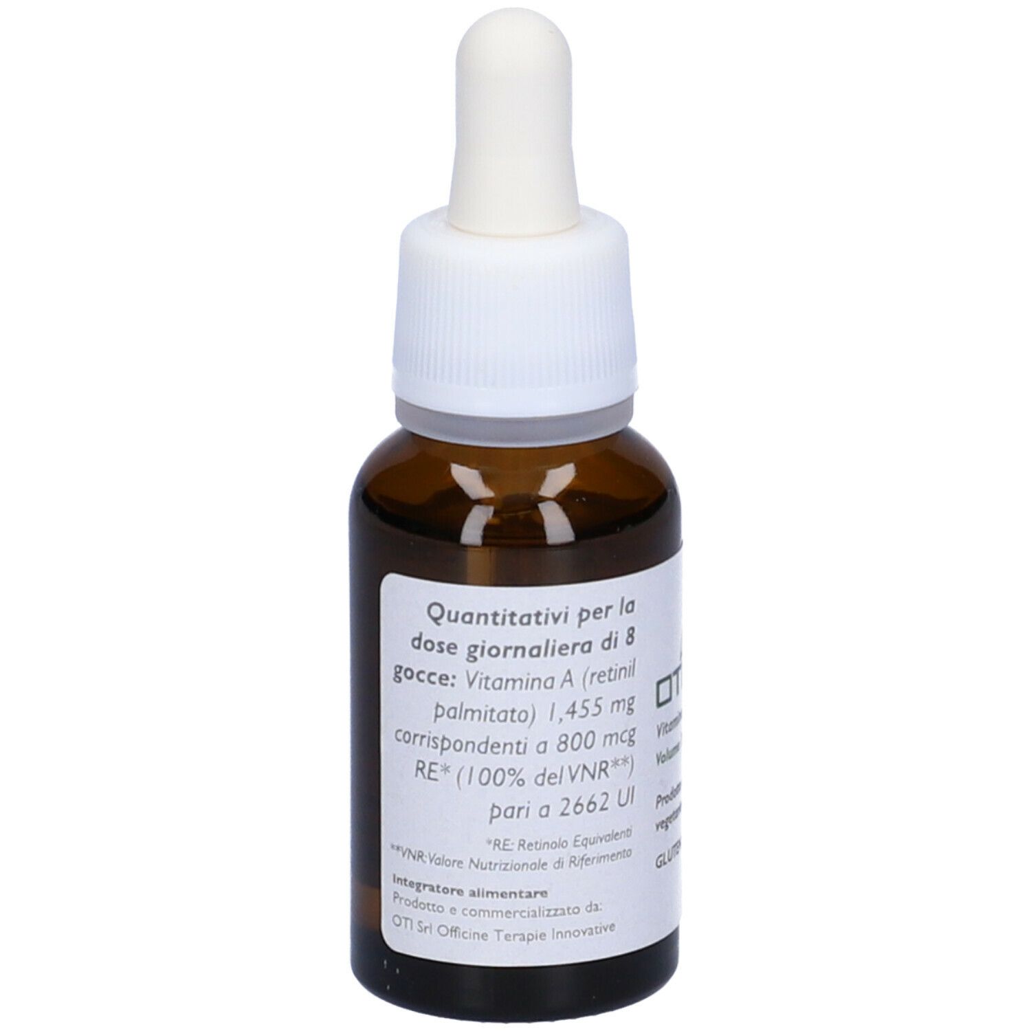 Flacone di vetro marrone con tappo bianco e contagocce. Etichetta con informazioni nutrizionali. OTI A Vitamina A.