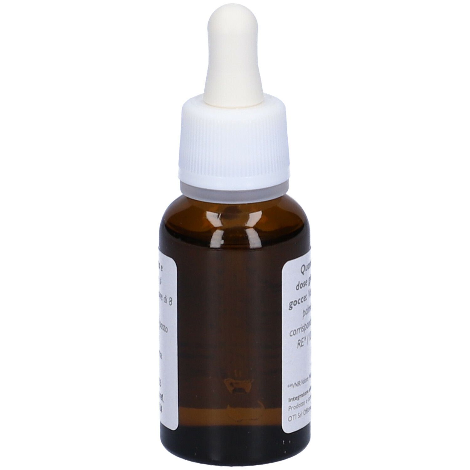 Flacone di vetro marrone con tappo bianco e contagocce. Etichetta con informazioni sul prodotto. OTI A Vitamina A.
