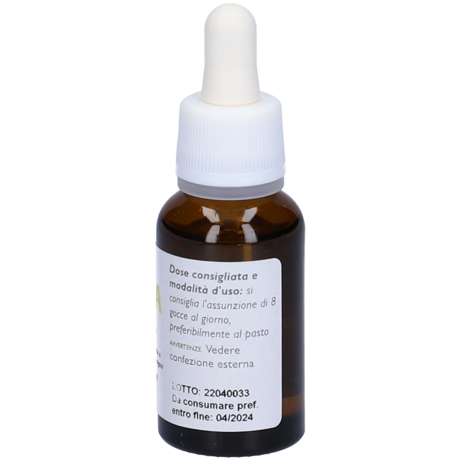 Flacone di vetro marrone con tappo bianco e contagocce. Etichetta con istruzioni per il dosaggio. OTI A Vitamina A.