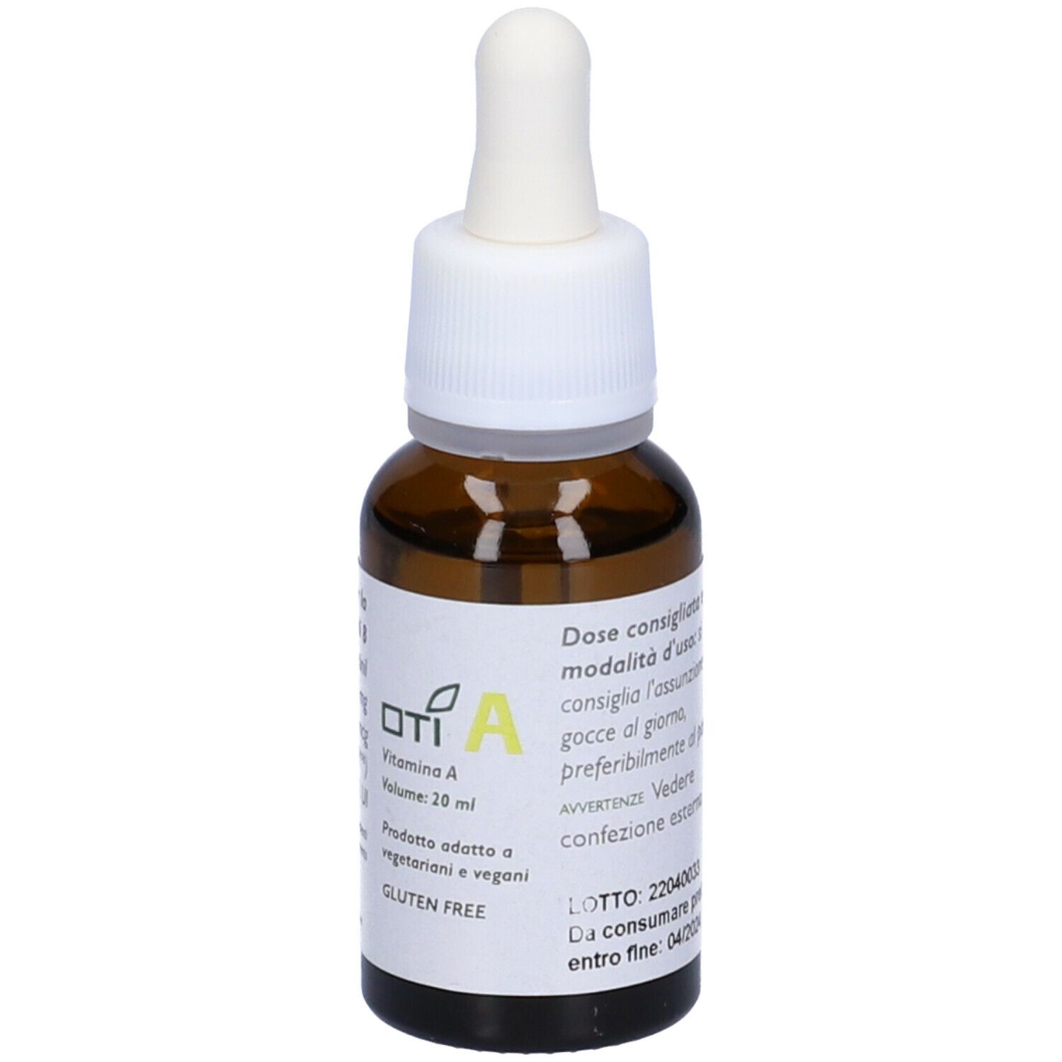 Flacone di vetro marrone con tappo bianco e contagocce. Etichetta con informazioni sul prodotto. OTI A Vitamina A.