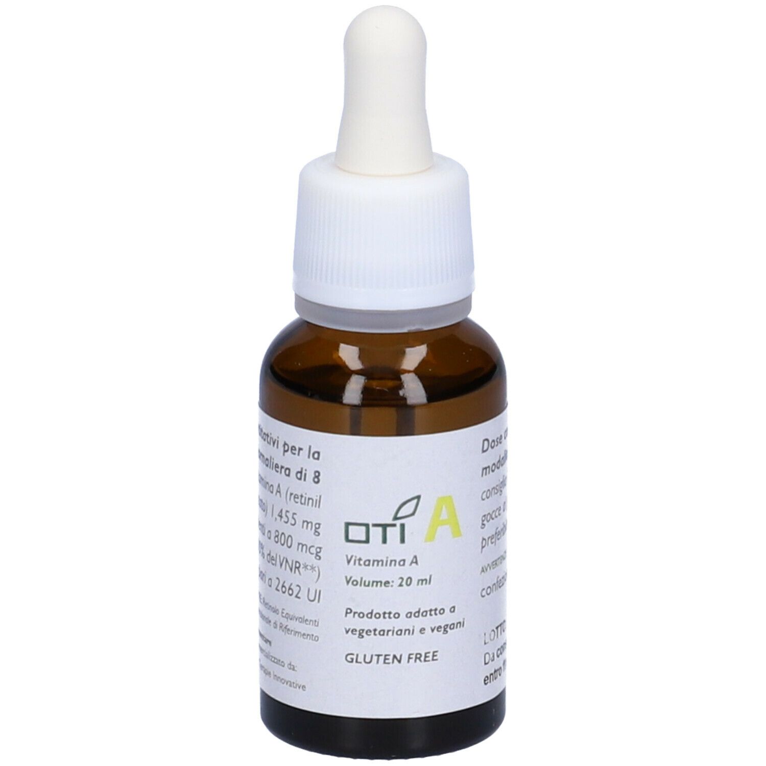 Flacone di vetro marrone con tappo bianco e contagocce. Etichetta con informazioni sul prodotto. OTI A Vitamina A.