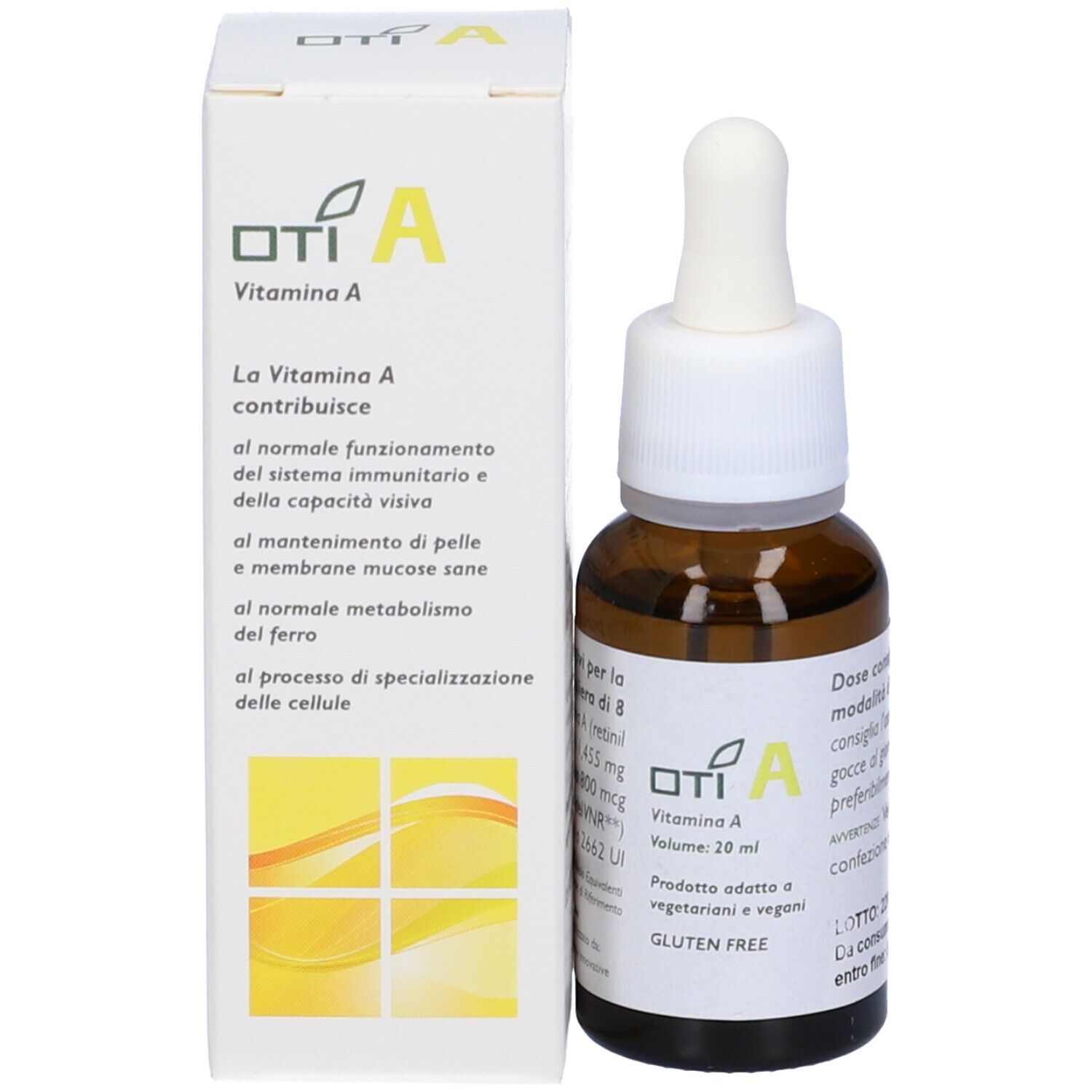 Flacone e scatola OTI A Vitamina A. Scatola con informazioni sul prodotto e logo. Flacone marrone con contagocce.