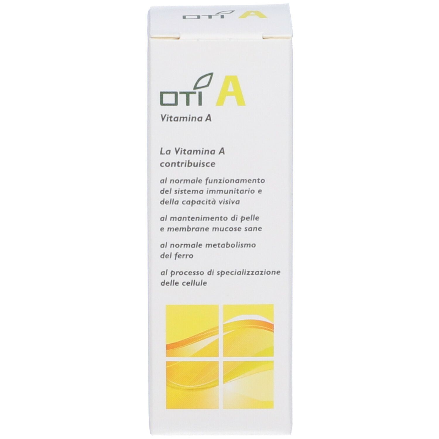 Scatola bianca con logo e informazioni sul prodotto. OTI A Vitamina A. Testo sui benefici della vitamina A.