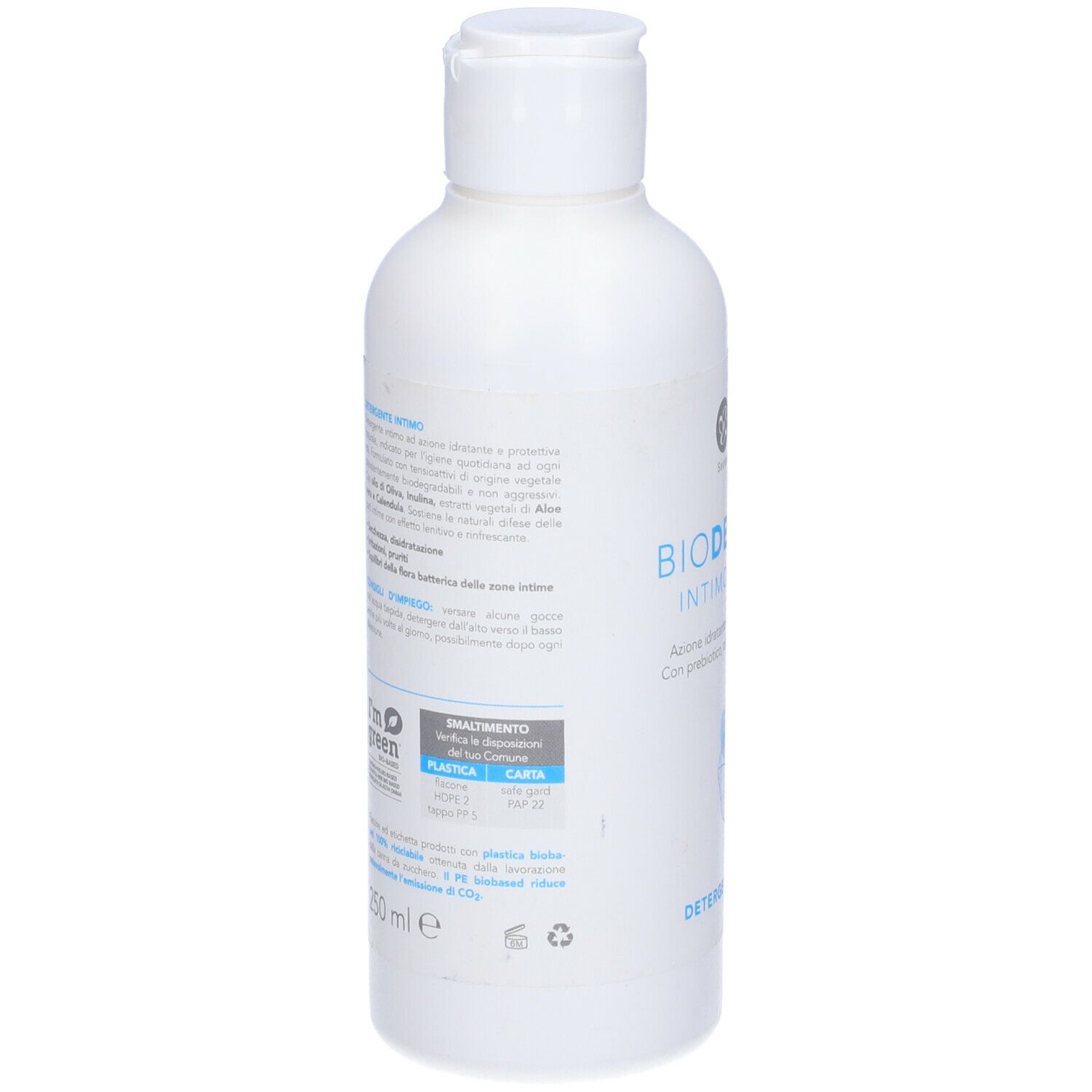 Retro di un flacone bianco. Testo in italiano. Istruzioni per il riciclo: plastica e carta.