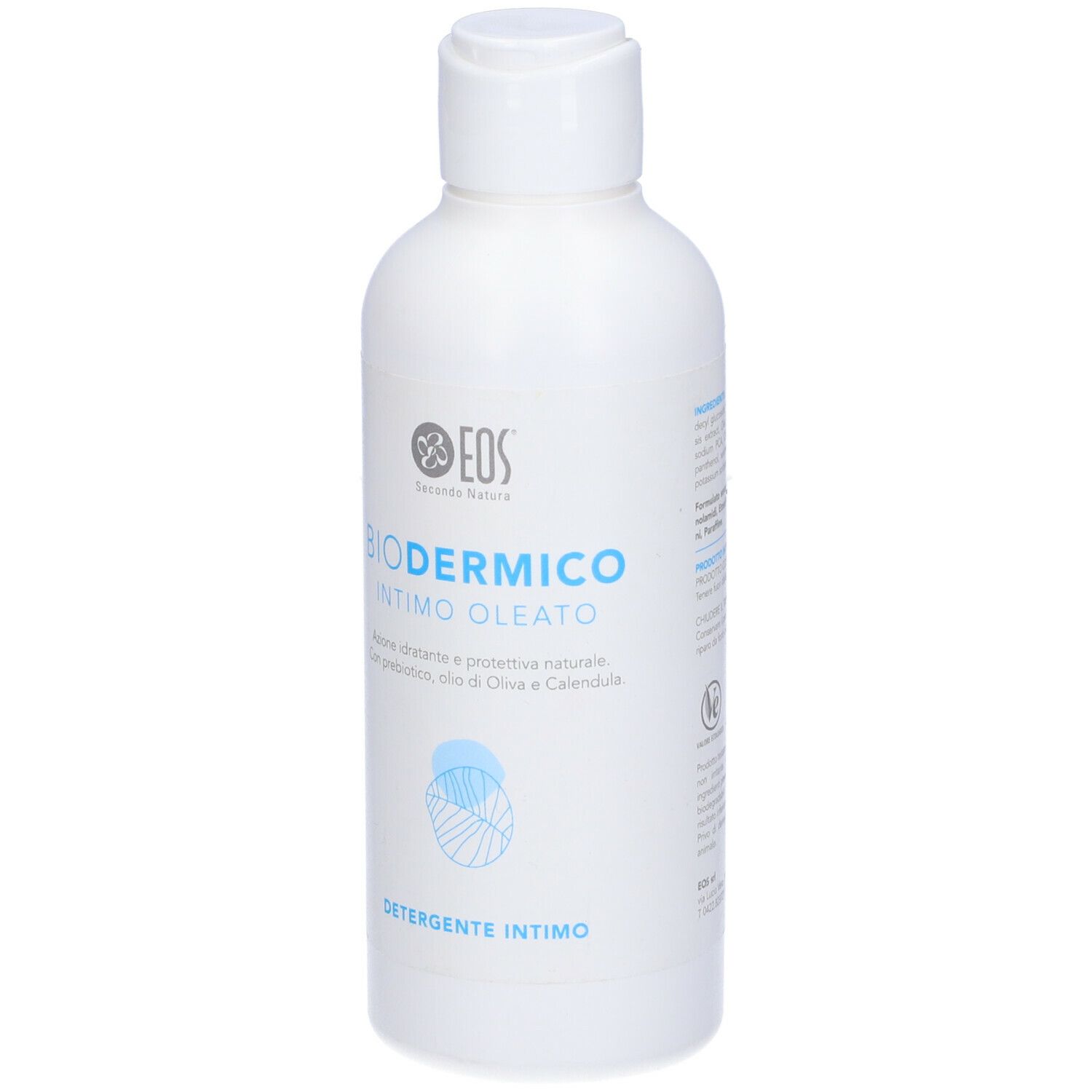 Flacone bianco con etichetta blu. Scritta: Biodermico Intimo Oleato. Logo: EOS Secondo Natura.