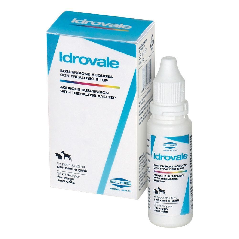 Flacone e scatola bianchi con nome prodotto Idrovale. Scritta: Sospensione acquosa con trealosio e TSP. Per cani e gatti.