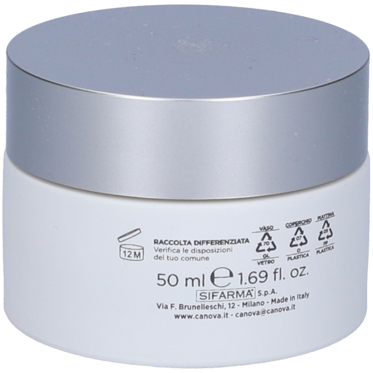 Vasetto di crema bianco con coperchio argentato. Scritta: 50 ml e 1,69 fl. oz. Testo e simboli. Prodotto in Italia.