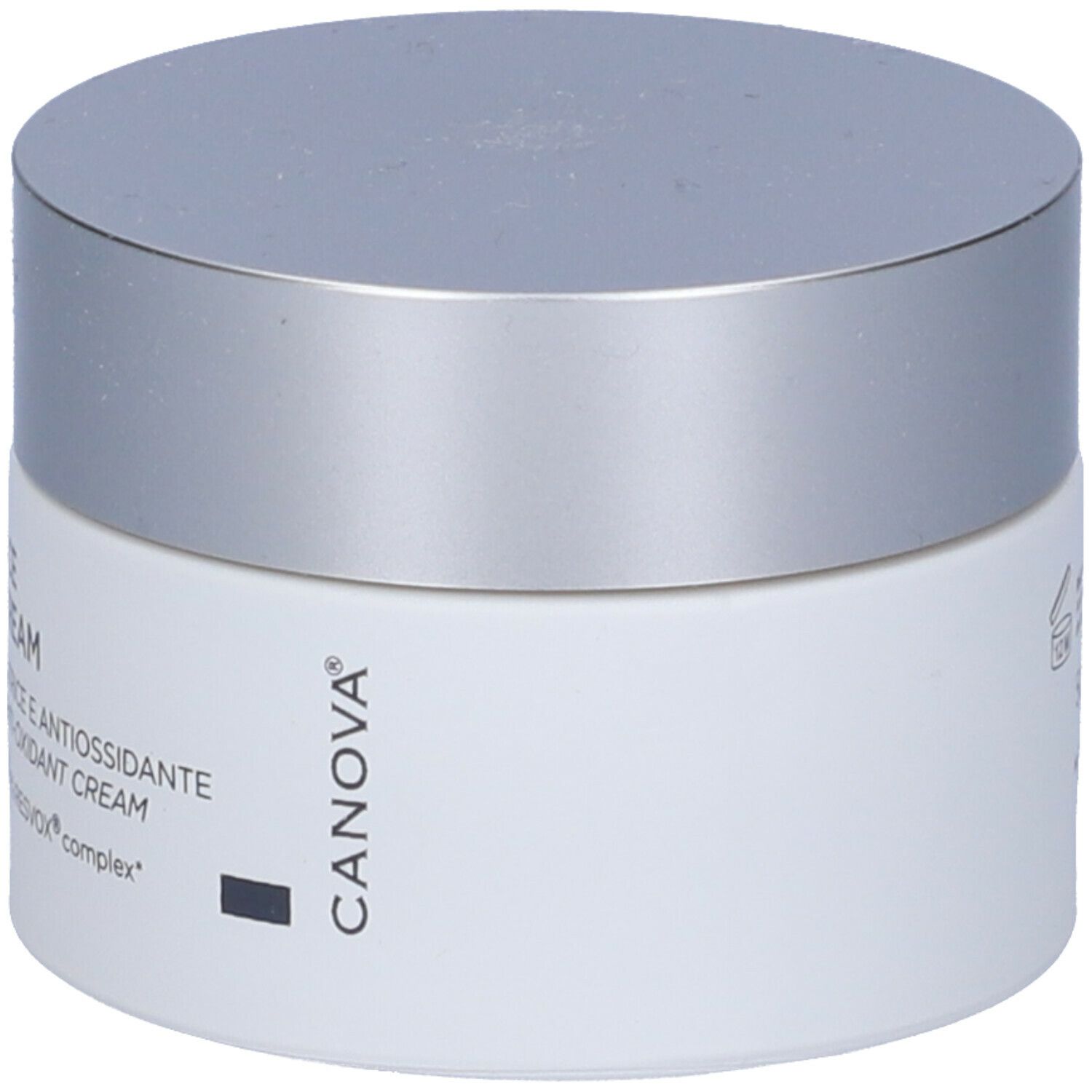 Vasetto di crema con coperchio argentato. Scritta: CANOVA. Sul lato: RESURFACE OXBAN CREAM, Crema riparatrice e antiossidante.