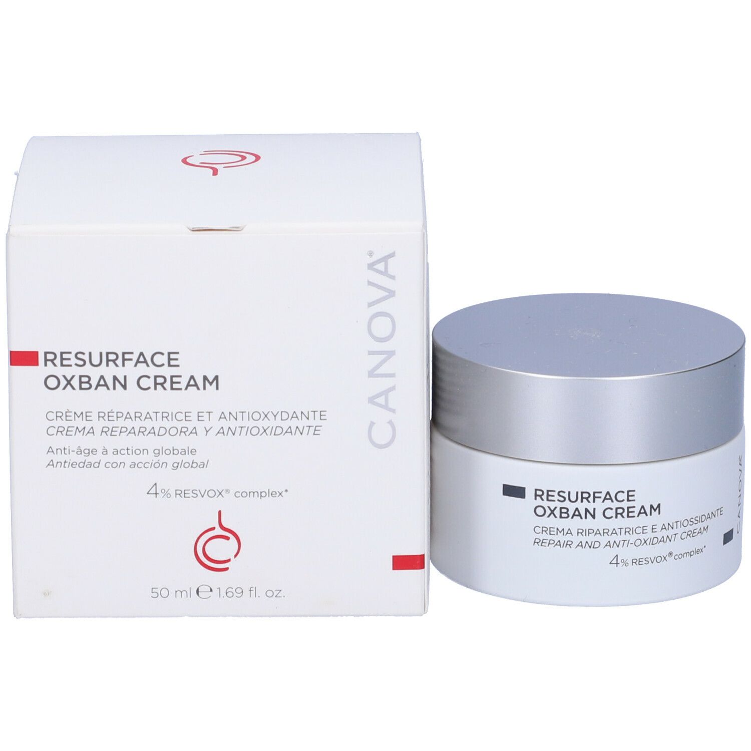 Vasetto di crema e scatola. Sulla scatola: RESURFACE OXBAN CREAM, Crema riparatrice e antiossidante, 50 ml e 1,69 fl. oz.