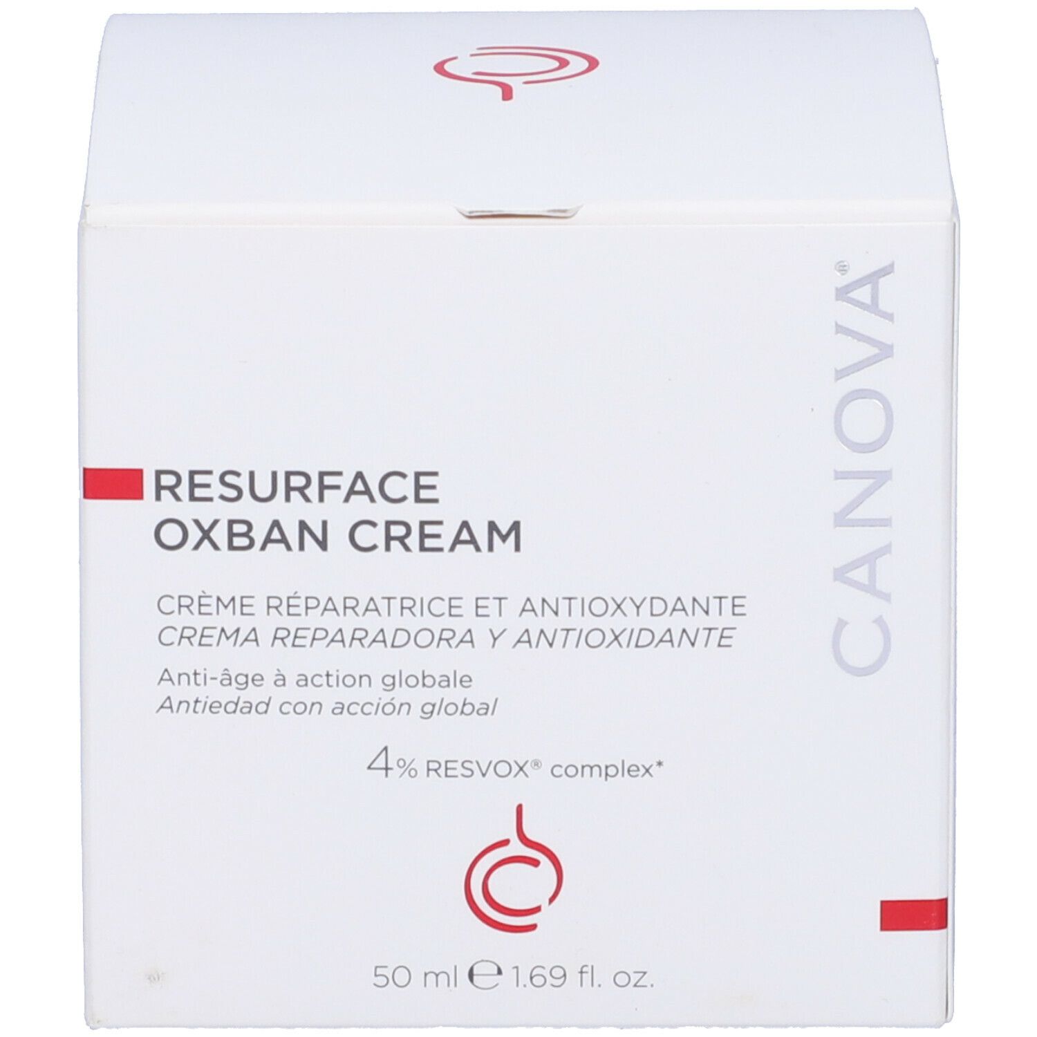 Scatola bianca con scritta: RESURFACE OXBAN CREAM, Crema riparatrice e antiossidante, 50 ml e 1,69 fl. oz.