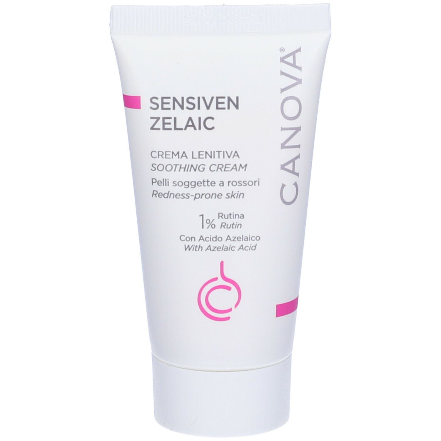 Tubo di crema CANOVA Sensiven Zelaic. Bianco, con dettagli rosa. Testo: Sensiven Zelaic, crema lenitiva. Contiene rutina e acido azelaico.