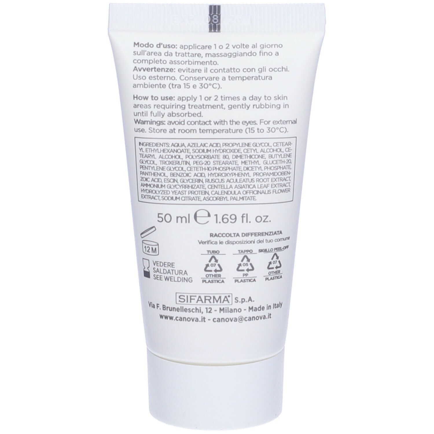 Retro del tubo di crema CANOVA Sensiven Zelaic. Contiene informazioni su uso, ingredienti e produttore. Sfondo bianco.