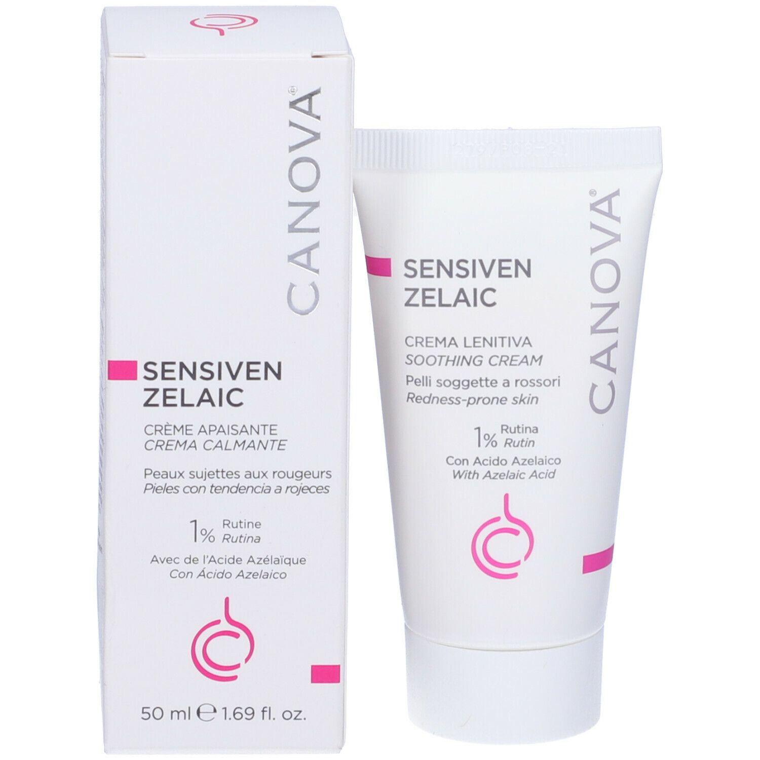 Crema e confezione CANOVA Sensiven Zelaic. Bianco con dettagli rosa. Testo: Sensiven Zelaic, crema lenitiva. Contiene rutina e acido azelaico.