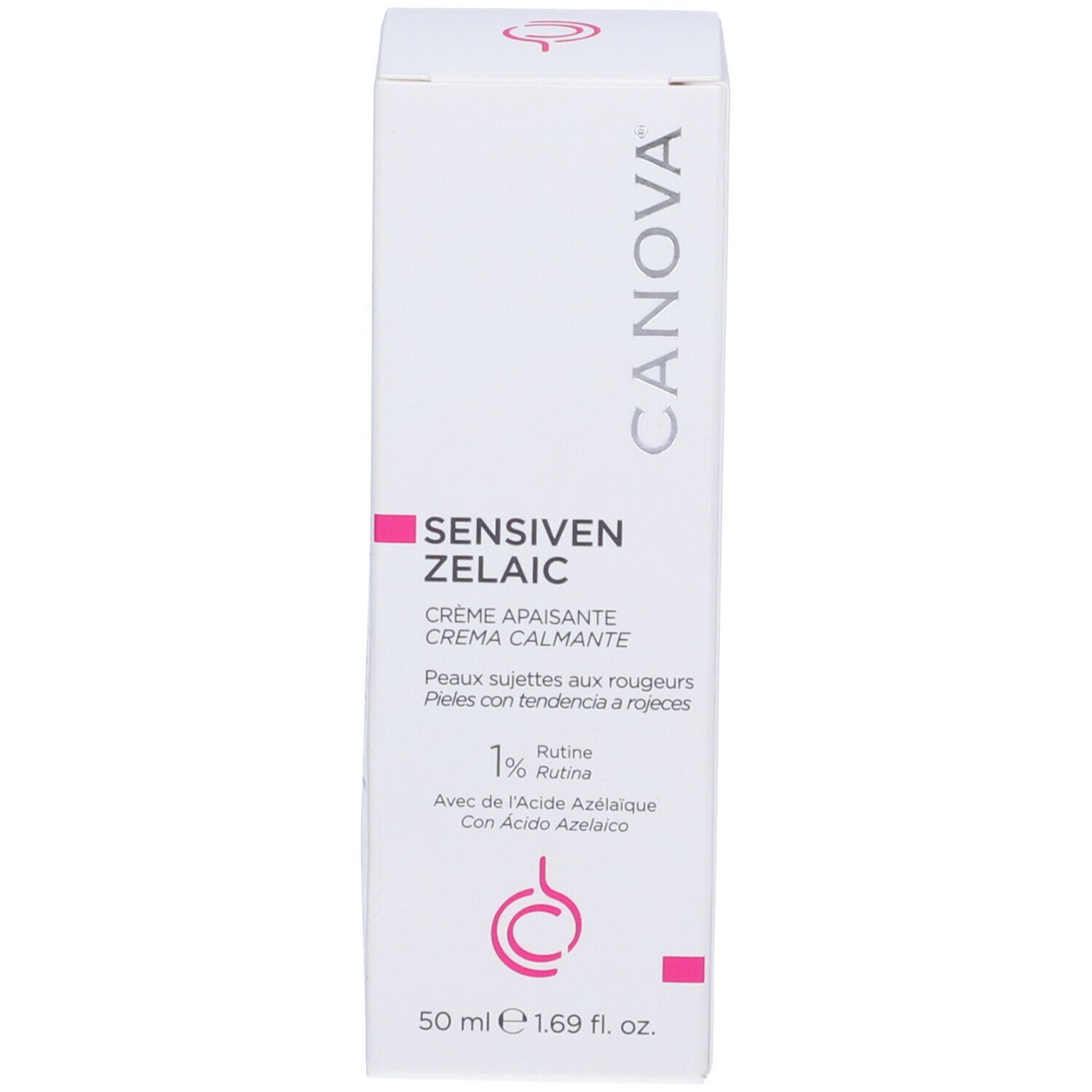 Confezione della crema CANOVA Sensiven Zelaic. Bianco con dettagli rosa. Testo: Sensiven Zelaic, crema lenitiva. 50 ml.
