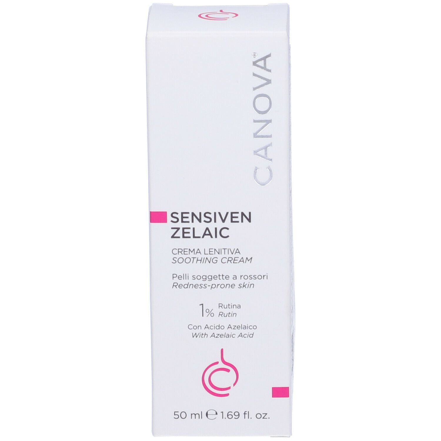 Confezione della crema CANOVA Sensiven Zelaic. Bianco con dettagli rosa. Testo: Sensiven Zelaic, crema lenitiva. 50 ml.