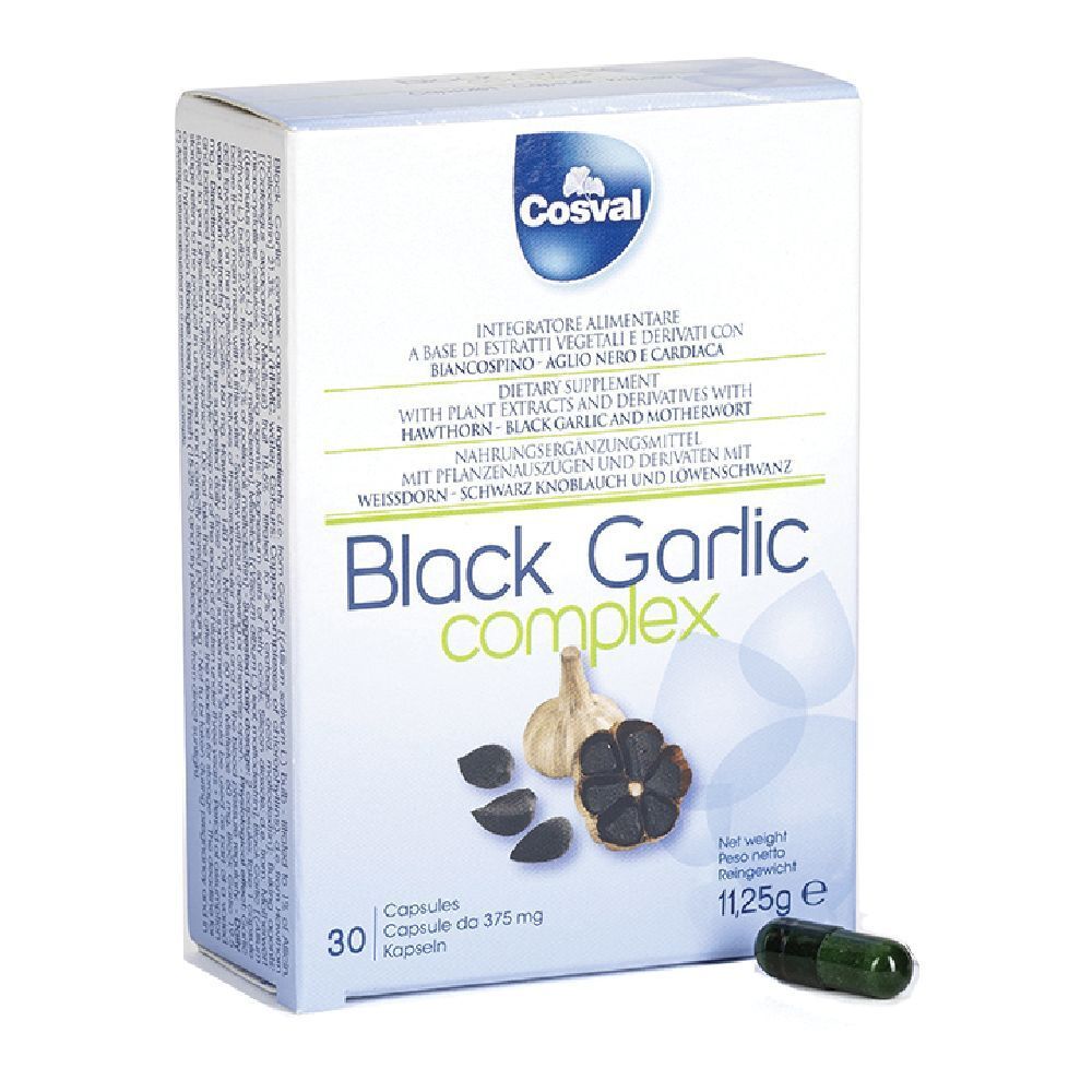 Scatola di capsule 'Black Garlic Complex'. Contiene 30 capsule. Marchio Cosval.