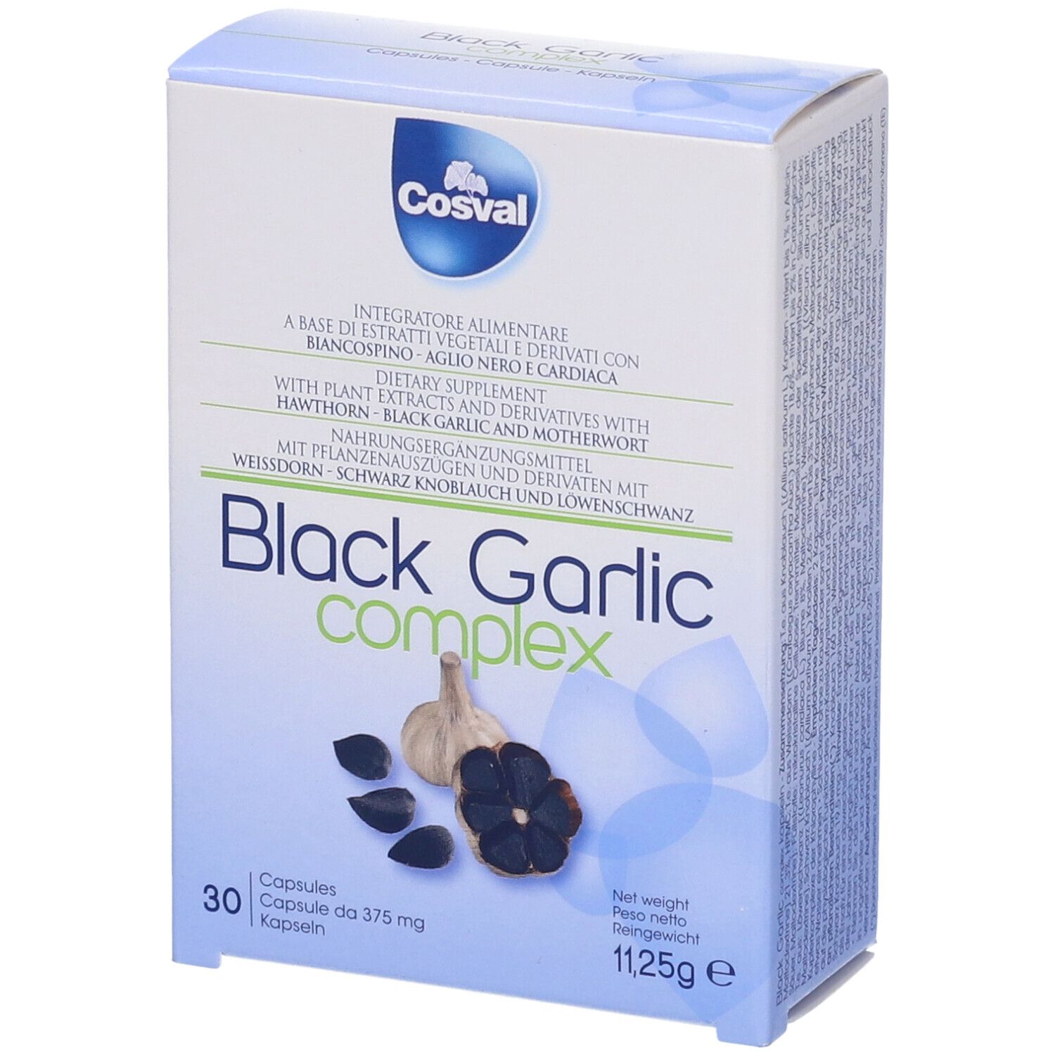 Scatola 'Black Garlic Complex' con 30 capsule. Marchio Cosval. Aglio e spicchi d'aglio illustrati.