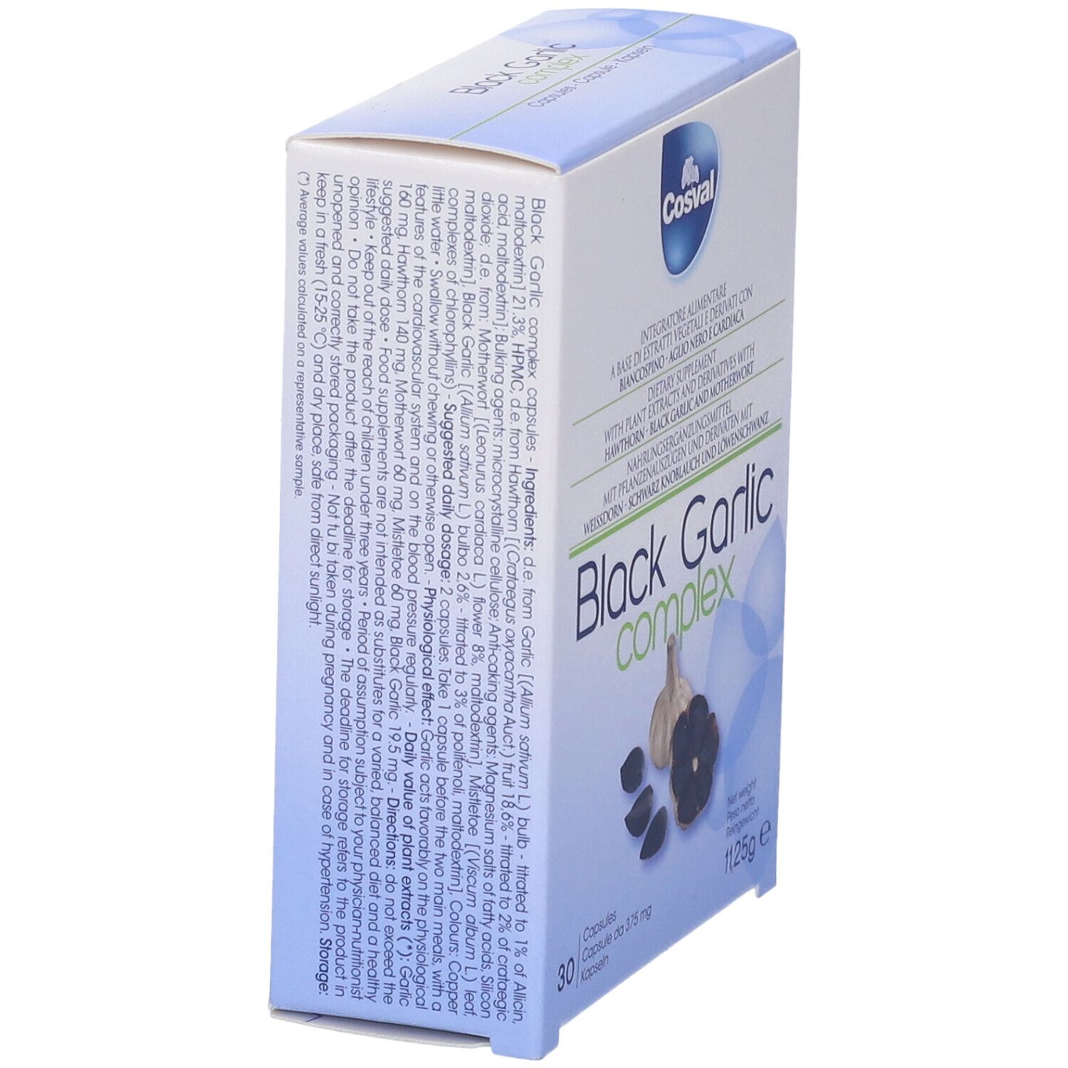Scatola 'Black Garlic Complex' con 30 capsule. Marchio Cosval. Retro con informazioni sugli ingredienti.