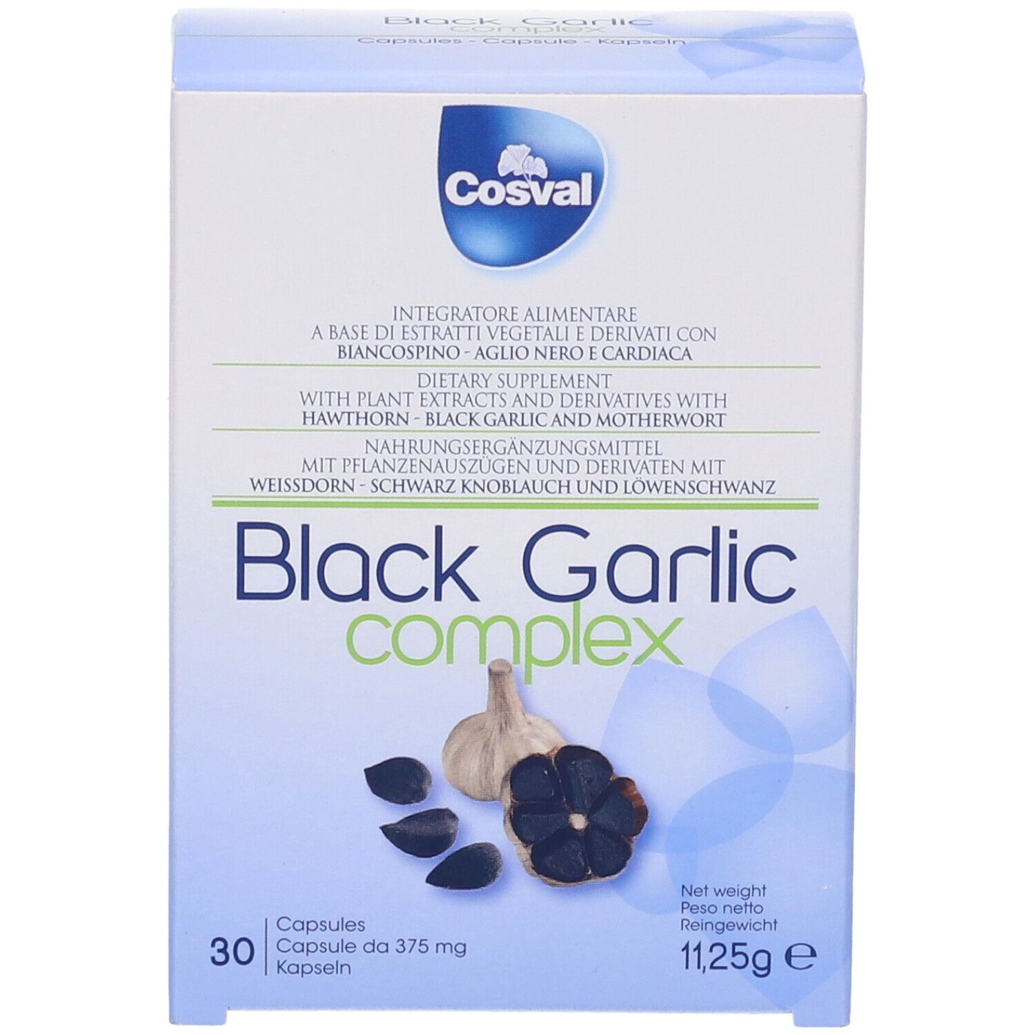 Scatola 'Black Garlic Complex' con 30 capsule. Marchio Cosval. Aglio e spicchi d'aglio illustrati.