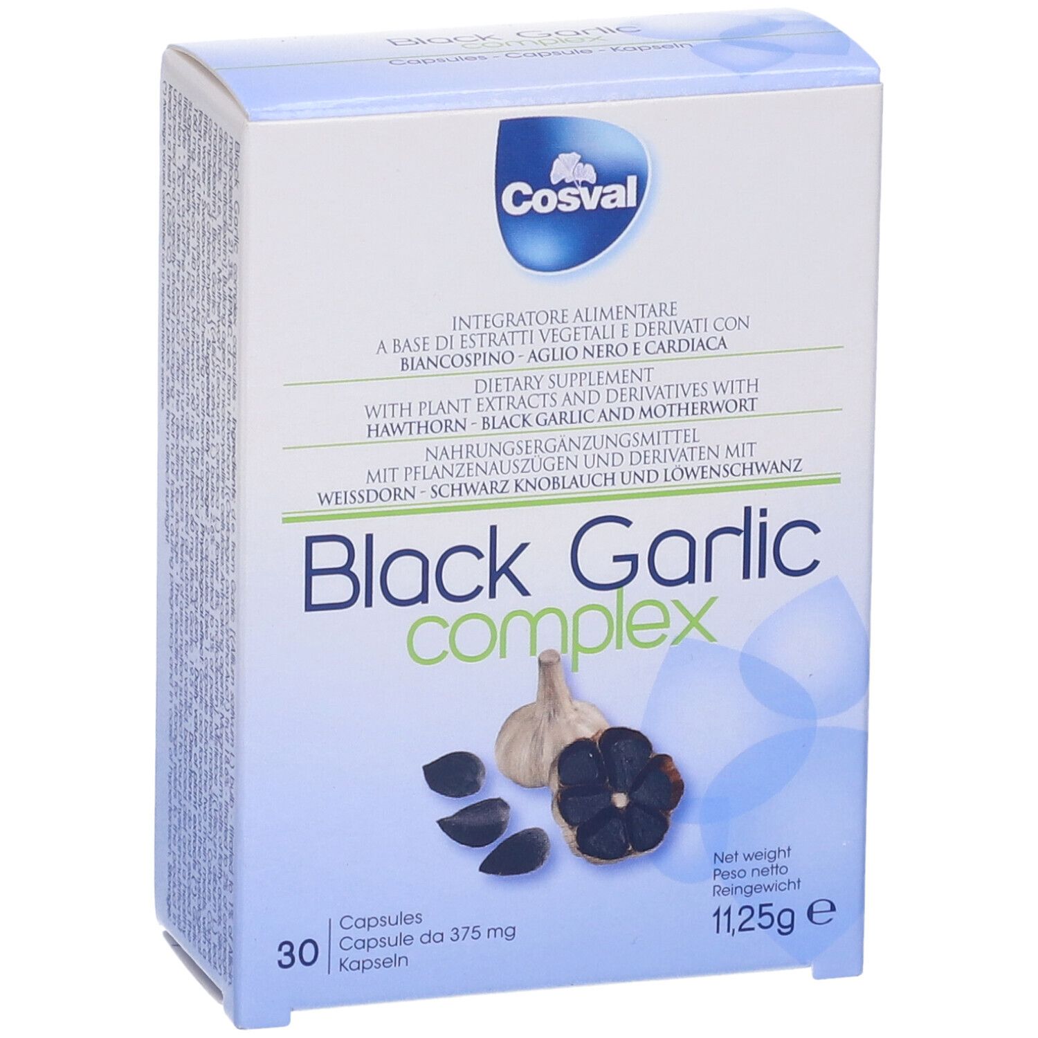 Scatola 'Black Garlic Complex' con 30 capsule. Marchio Cosval. Aglio e spicchi d'aglio illustrati.