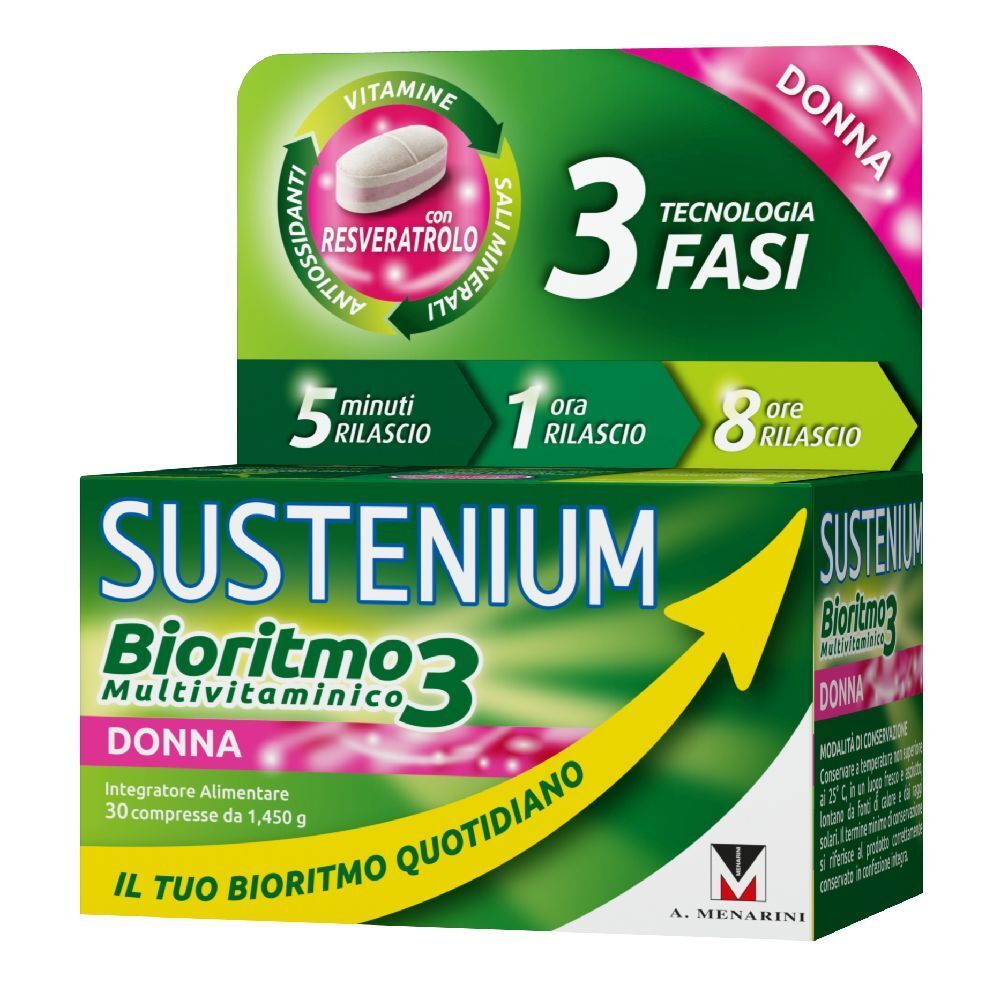Confezione di Sustenium Bioritmo 3 Donna. Scatola verde e bianca con nome del prodotto, informazioni e logo.