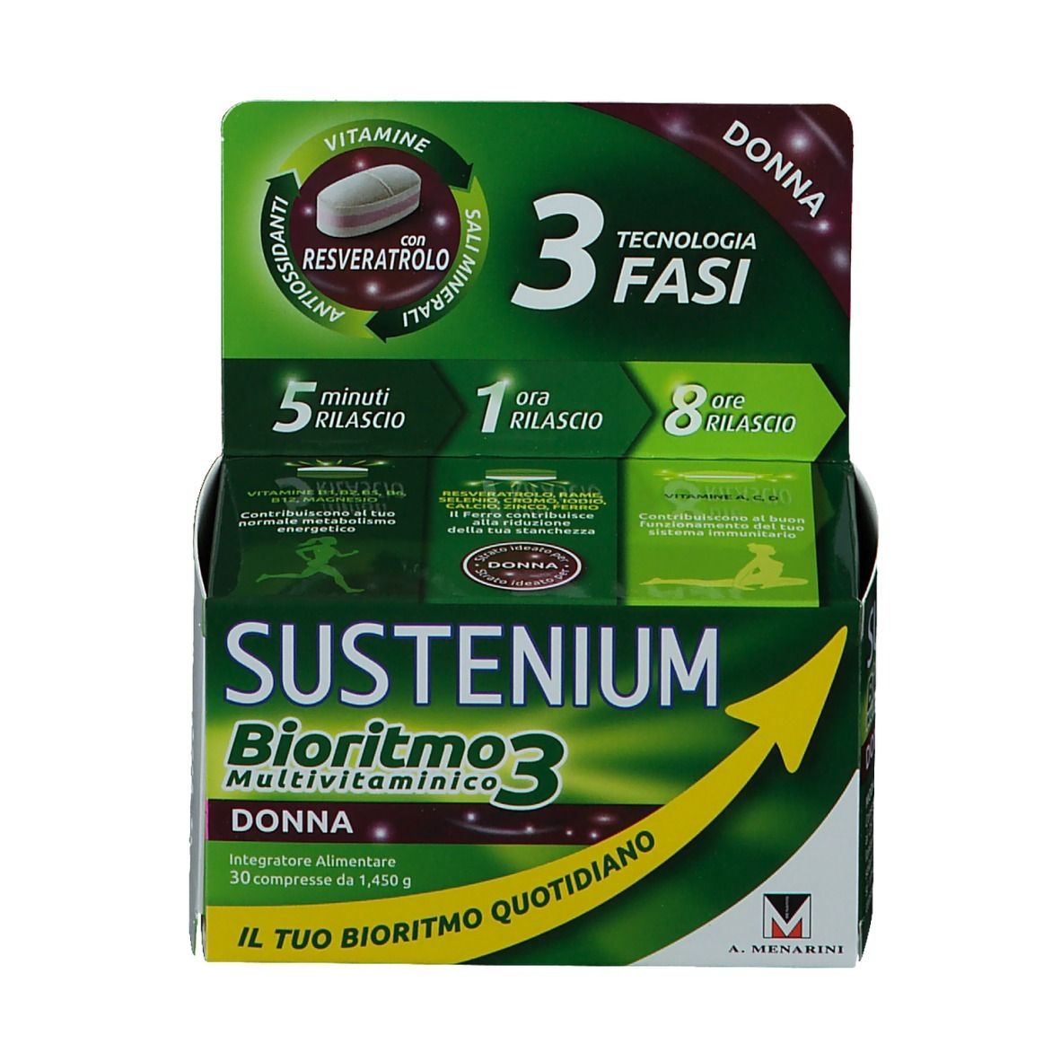 Confezione di Sustenium Bioritmo 3 Donna. Scatola verde e bianca con nome e informazioni.