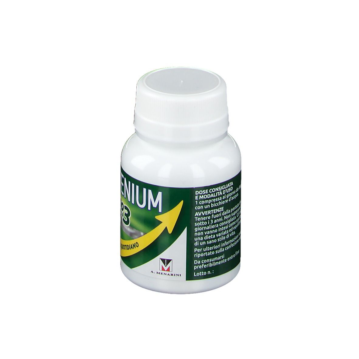 Flacone bianco con etichetta verde. Testo: Sustenium B3. Freccia gialla. Scritte in italiano.