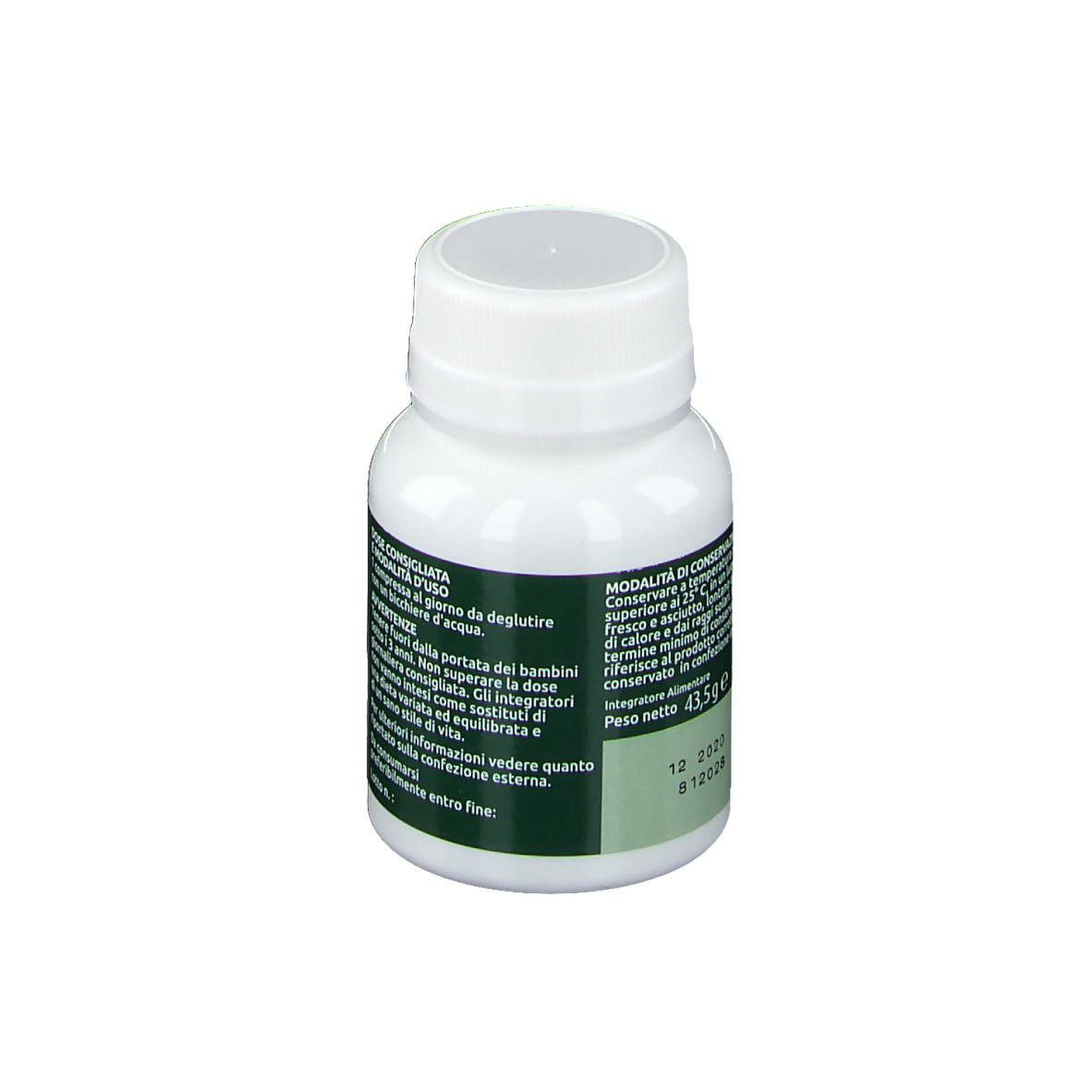 Flacone bianco con etichetta verde. Testo in italiano. Scritta: Peso netto 43,5g. Data di scadenza.