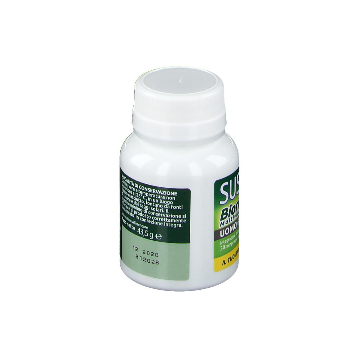 Flacone bianco con etichetta verde. Testo in italiano. Scritta: Sustenium Bioritmo3 Uomo 60+. Data di scadenza.