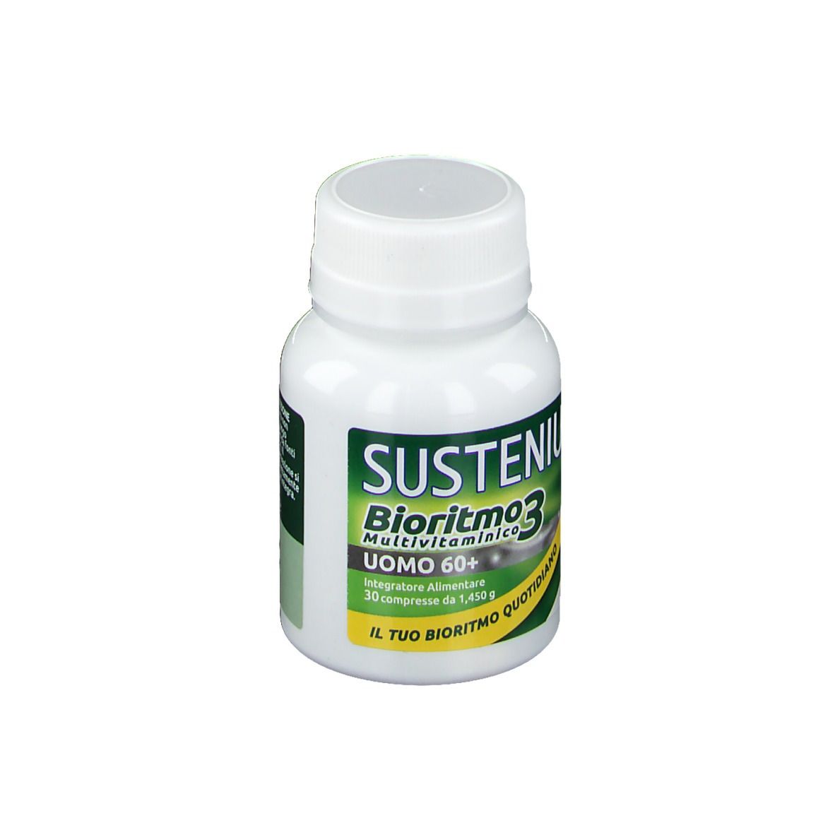 Flacone bianco con etichetta verde. Scritta: Sustenium Bioritmo3 Multivitaminico Uomo 60+. 30 compresse.