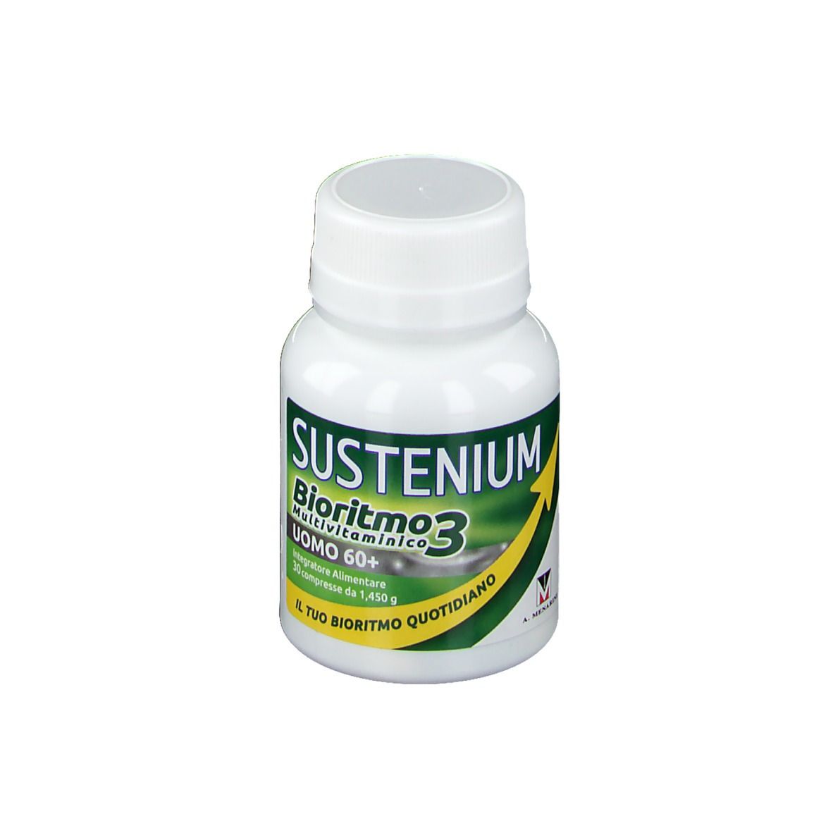 Flacone bianco con etichetta verde. Scritta: Sustenium Bioritmo3 Multivitaminico Uomo 60+. Freccia gialla.