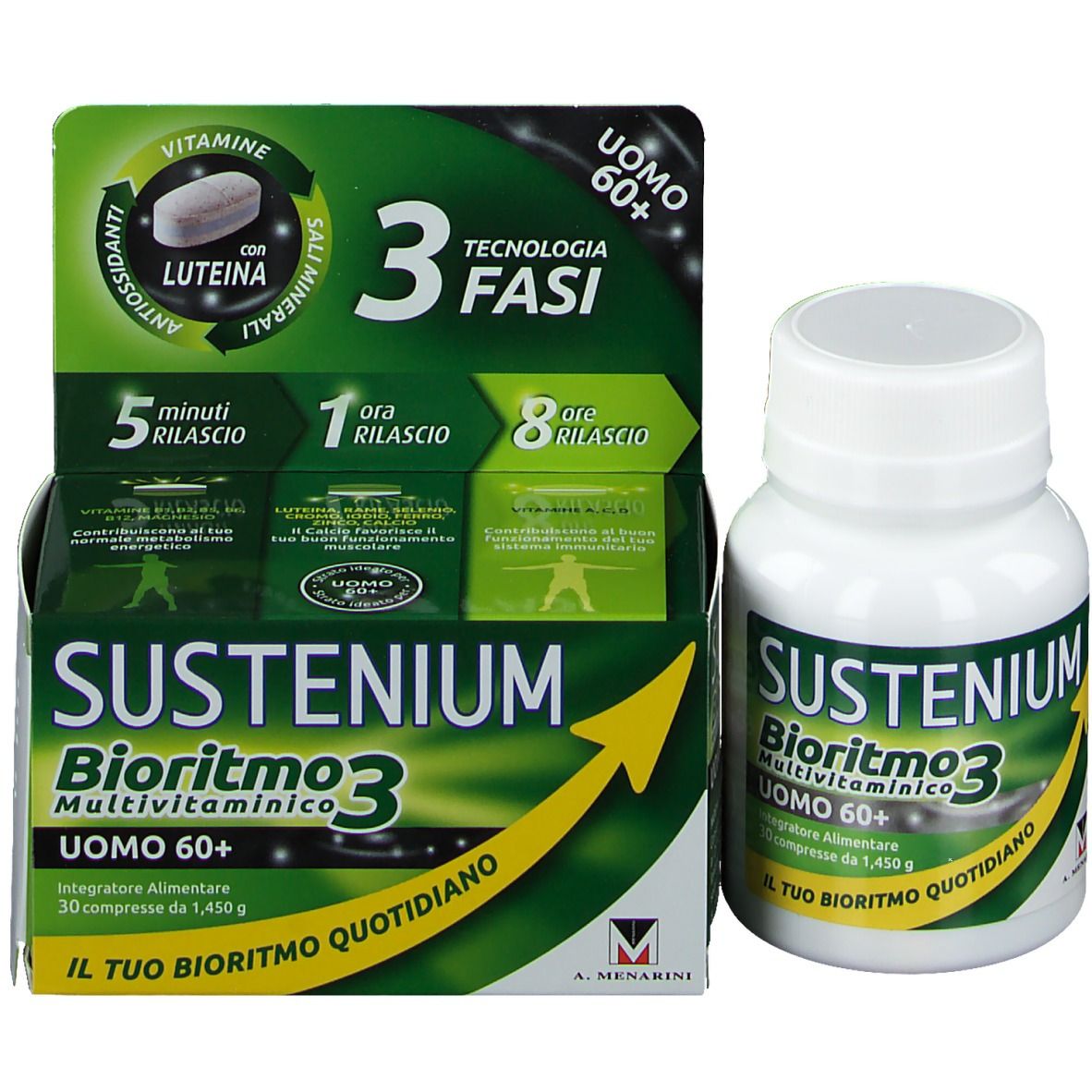 Confezione del prodotto con flacone. Scritta: Sustenium Bioritmo3 Multivitaminico Uomo 60+. 30 compresse. Freccia gialla.