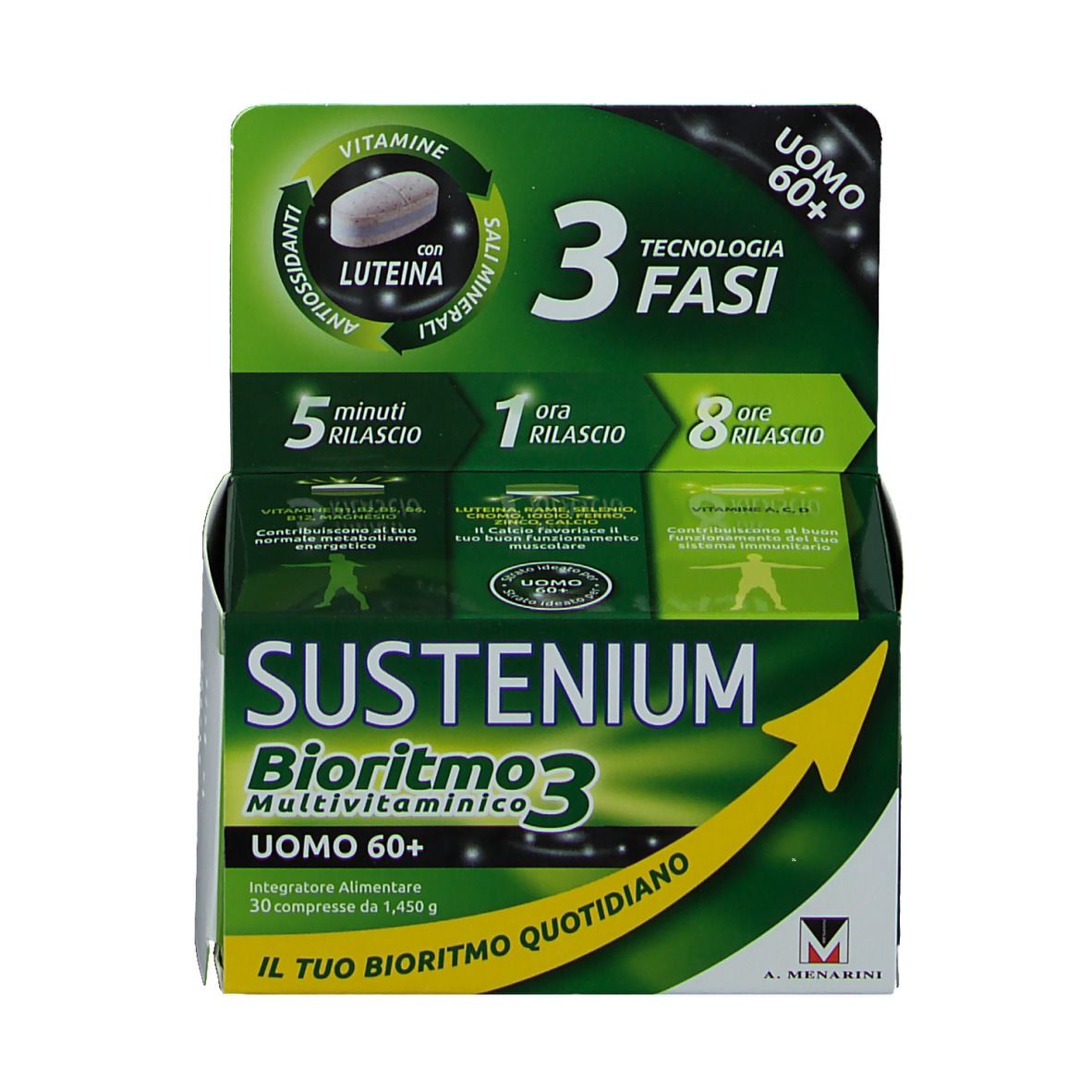 Confezione del prodotto. Scritta: Sustenium Bioritmo3 Multivitaminico Uomo 60+. 30 compresse. Freccia gialla. 3 fasi.