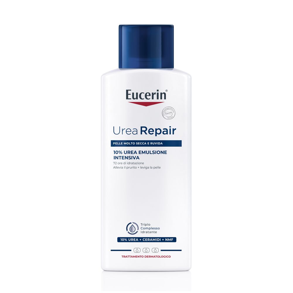 Eucerin UreaRepair Lotion. Weiße Flasche mit blauem Deckel. Produktname und Logo sichtbar.