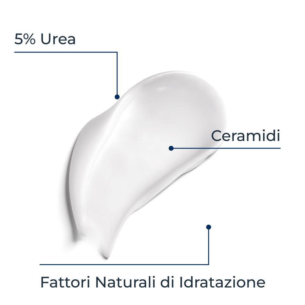 Nahaufnahme Creme. Text: 5% Urea, Ceramide, natürliche Feuchthaltefaktoren.