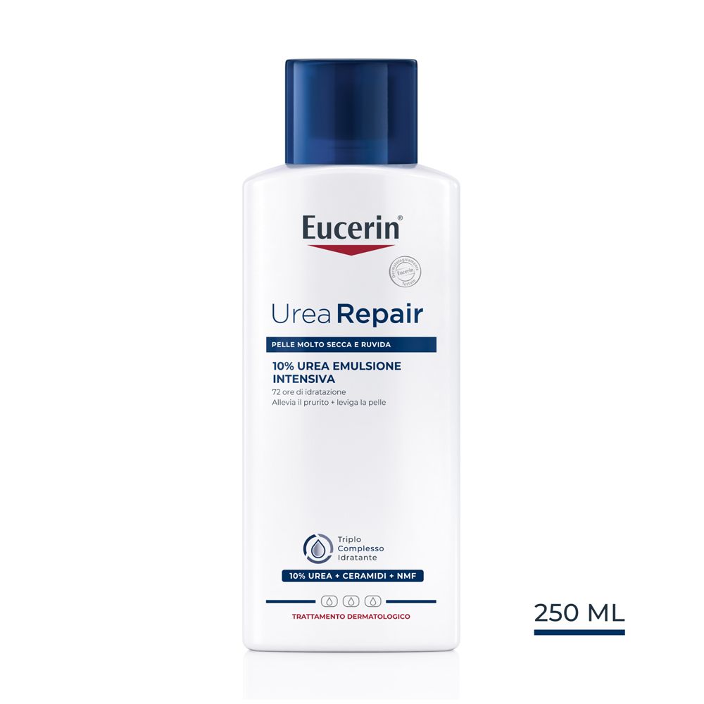 Eucerin UreaRepair Lotion. Weiße Flasche mit blauem Deckel. 250 ml.