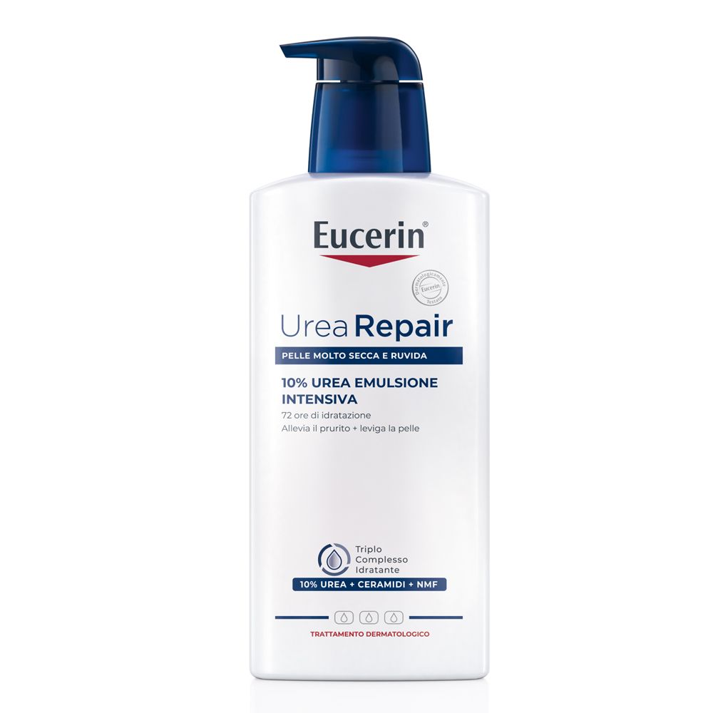 Eucerin UreaRepair 10% Emulsione Intensiva. Flacone bianco con dosatore blu. Testo: 10% Urea Emulsione Intensiva. Trattamento dermatologico.