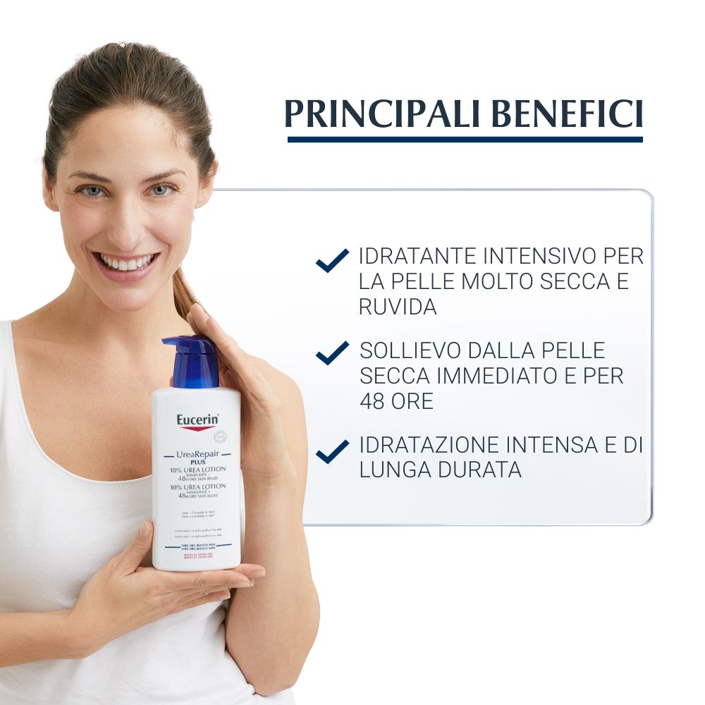 Donna tiene Eucerin UreaRepair 10% Emulsione. Testo: Principali benefici: Idratazione intensa, sollievo immediato, idratazione di lunga durata.