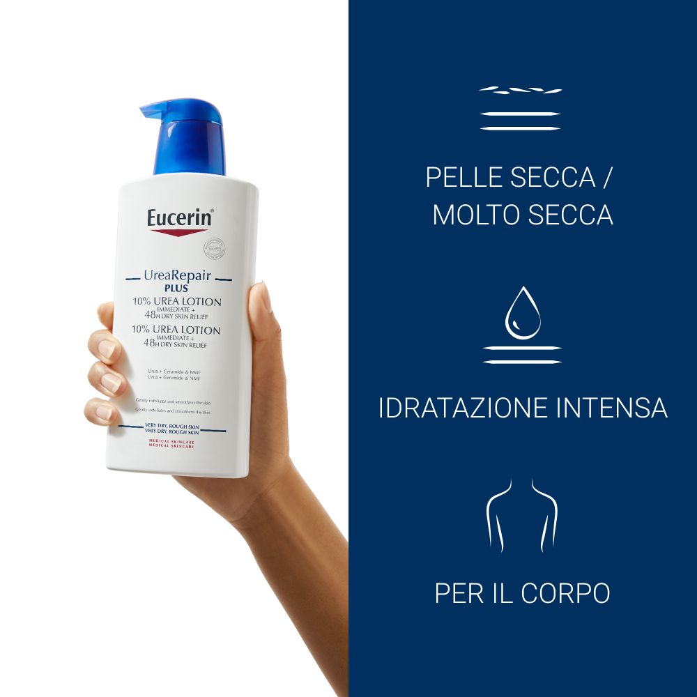 Mano tiene Eucerin UreaRepair PLUS 10% Urea Lotion. Testo: Per pelle secca/molto secca. Idratazione intensa. Per il corpo.