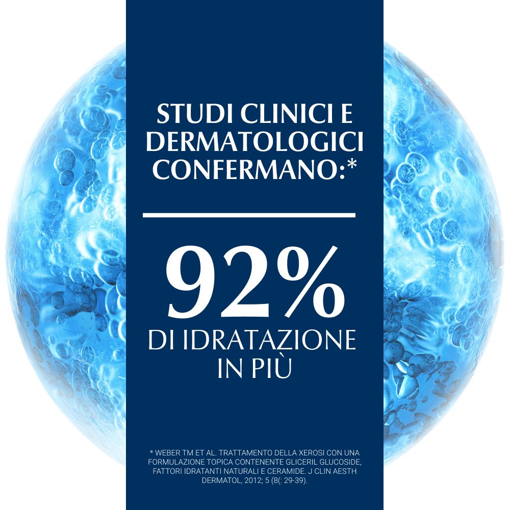 Sfondo blu con testo: Studi clinici e dermatologici confermano: 92% di idratazione in più.