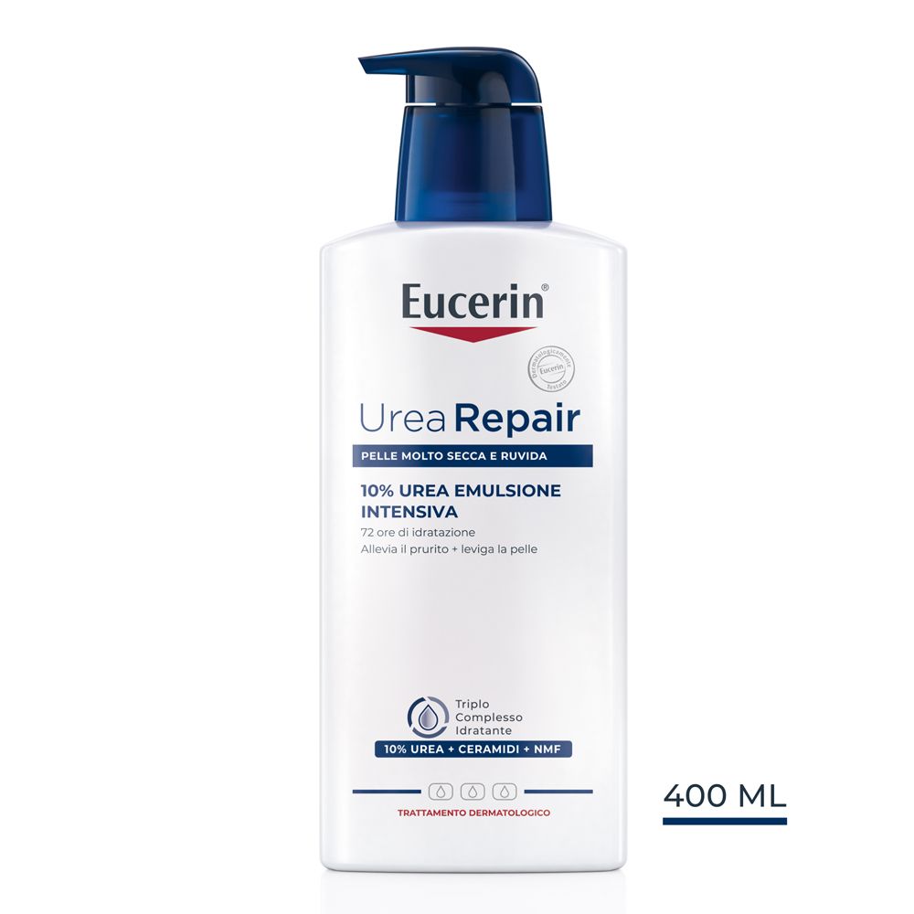 Eucerin UreaRepair 10% Emulsione Intensiva. Flacone bianco con dosatore blu. Testo: 10% Urea Emulsione Intensiva. 400 ml.