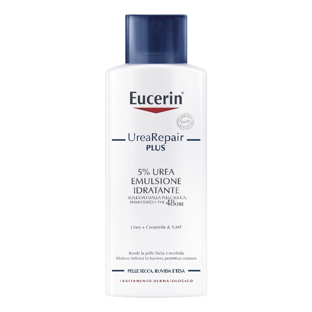 Flacone bianco con tappo blu. Eucerin UreaRepair PLUS 5% Emulsione. Testo in italiano.