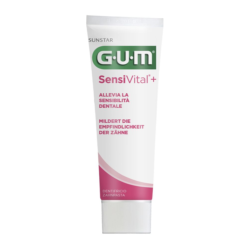 Tubo di dentifricio bianco e rosa. Scritta GUM SensiVital+. Testo in italiano e tedesco.