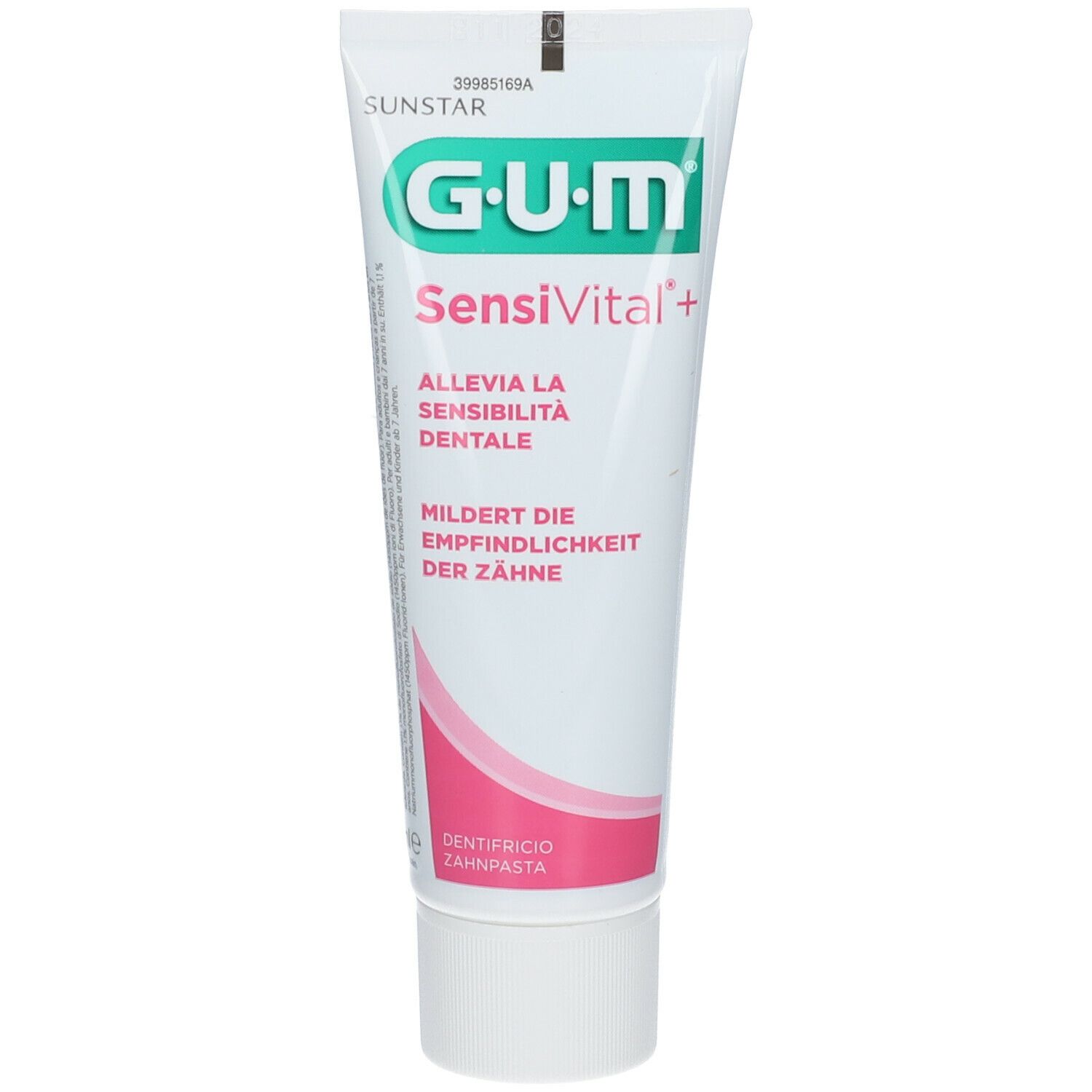 Tubo di dentifricio bianco e rosa. Scritta GUM SensiVital+. Testo in italiano e tedesco.