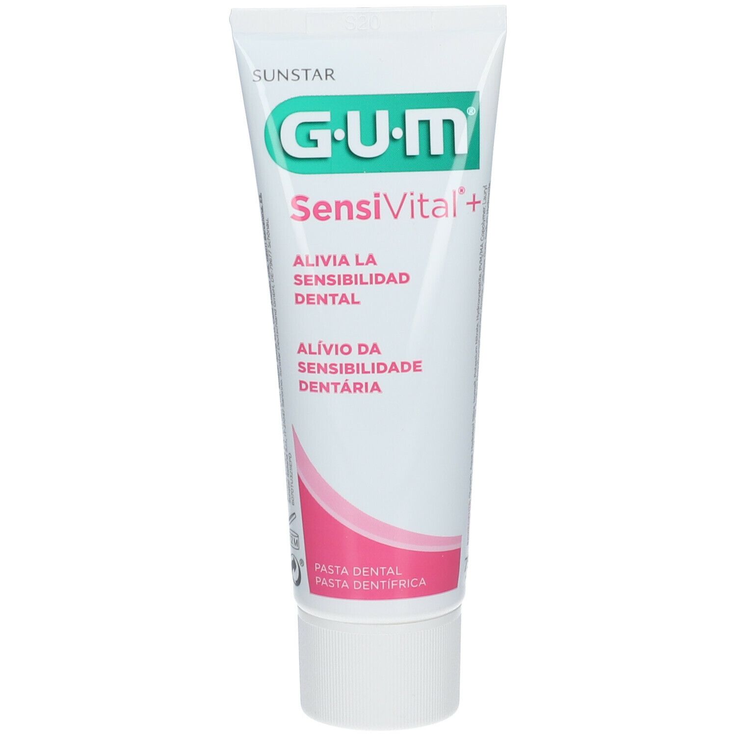 Tubo di dentifricio bianco e rosa. Scritta GUM SensiVital+. Testo in italiano e portoghese.