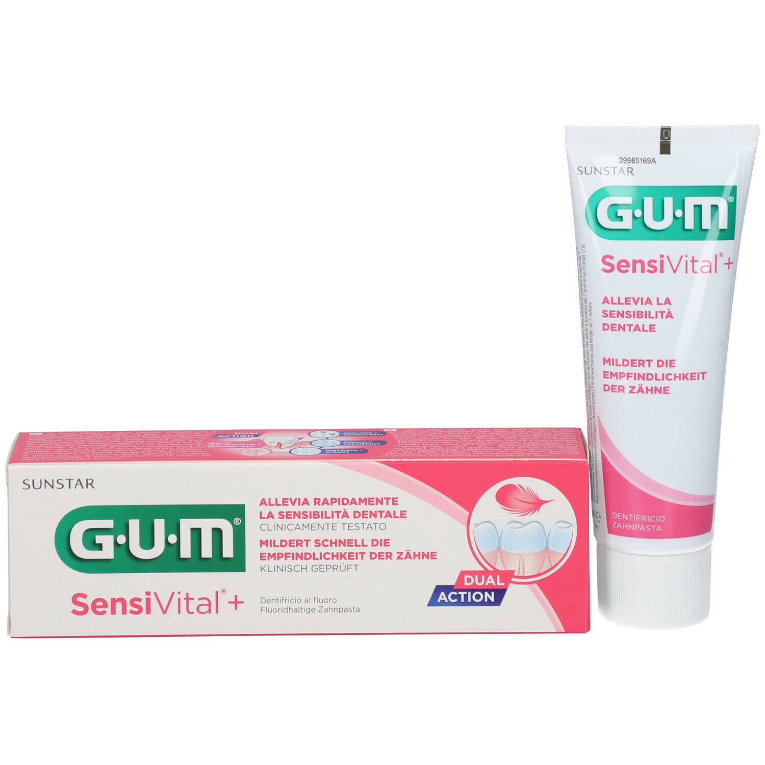 Tubo e scatola di dentifricio. Scritta GUM SensiVital+. Testo in italiano e tedesco. Rosa e bianco.