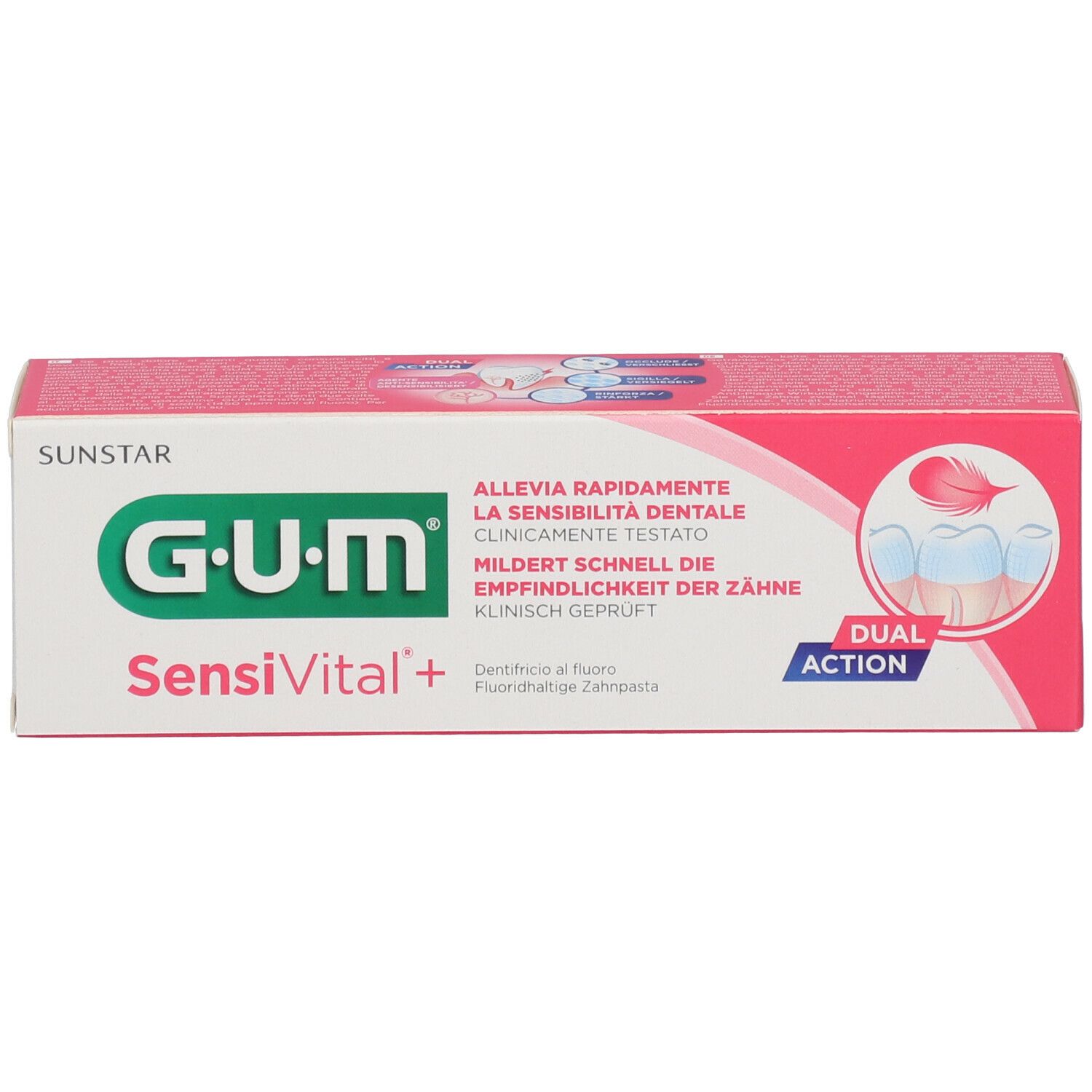 Scatola rosa con scritta GUM SensiVital+. Testo in italiano e tedesco. Illustrazione di denti.